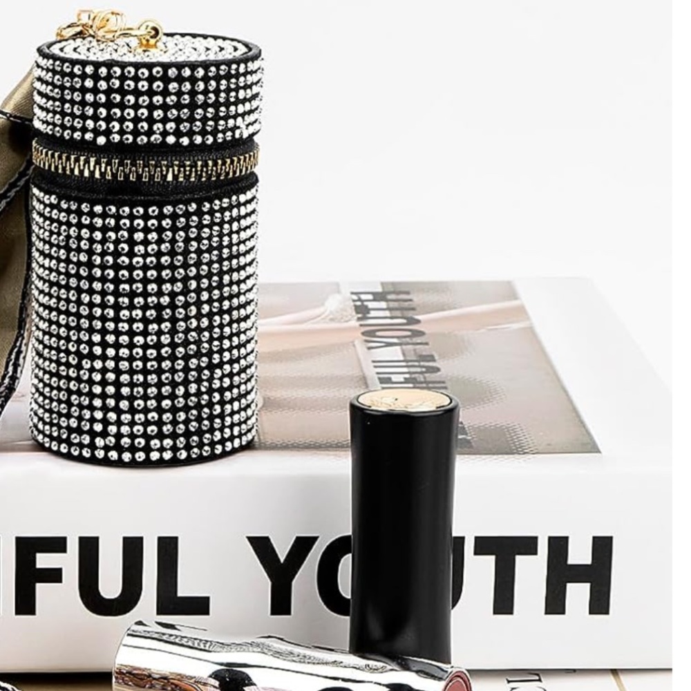 Womens Black Bling Lipstick Case Bag Charm with Twilly in Black 2” x 3.7”